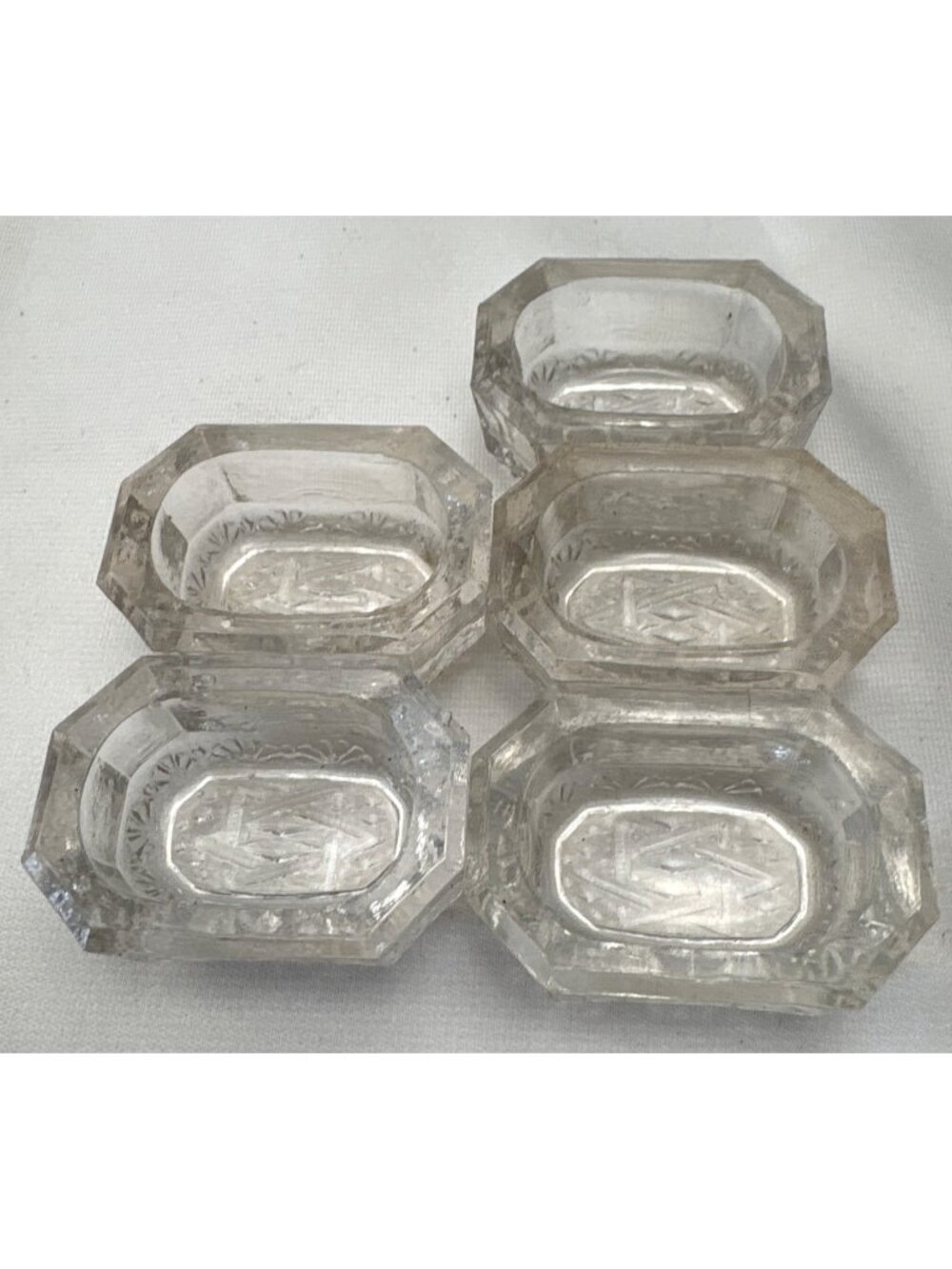 Clear Glass Salt Cellars Se 5 Octagonal Shape Etched Design Vintage